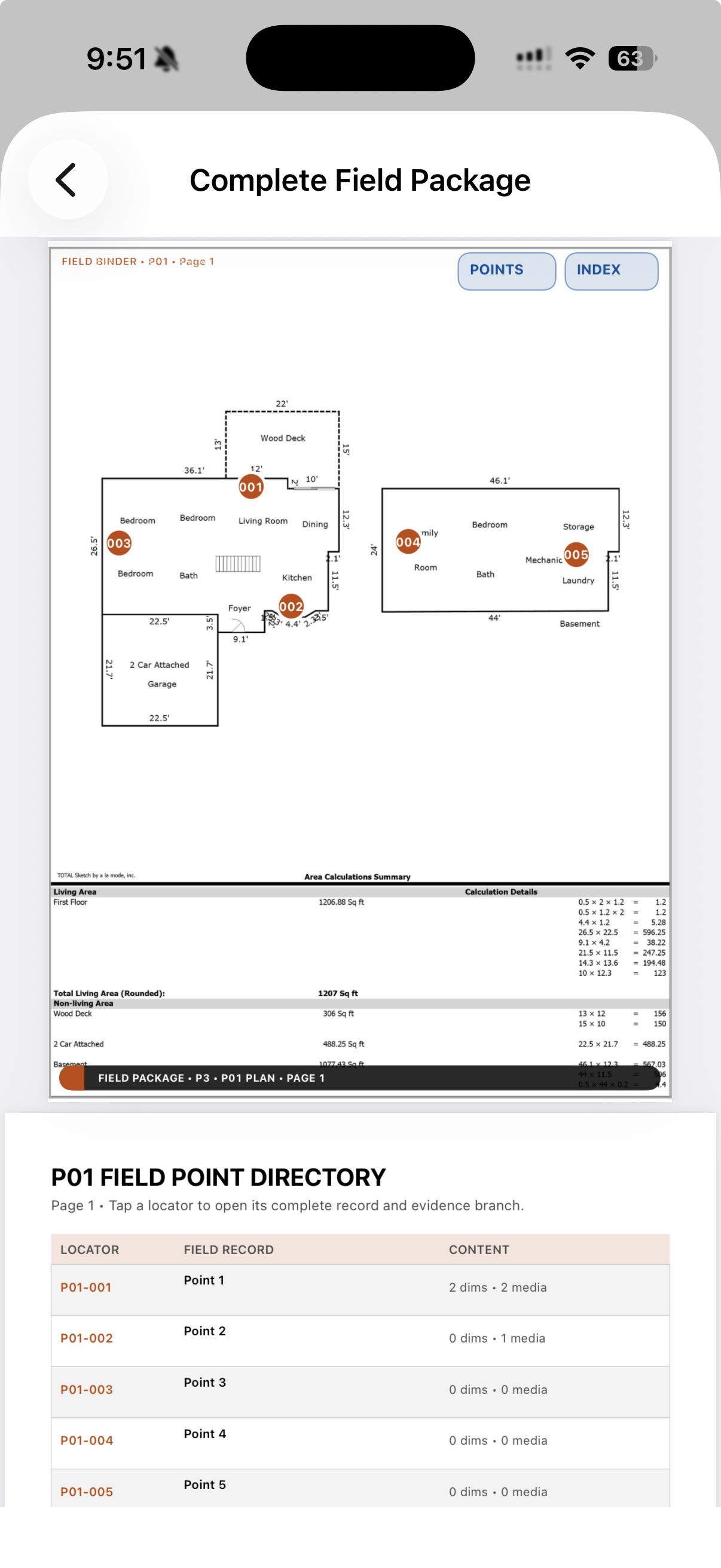 A completed Plotava Field Package preview showing numbered plan points and the linked field point directory.